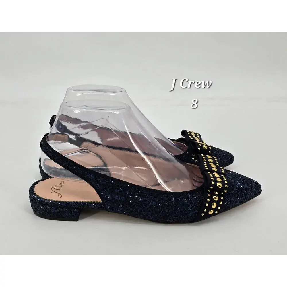 J.Crew Glam Hollywood Navy‎ Glitter Gwen Slingback Flats with Studded Bow Size 8